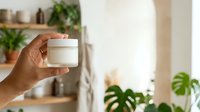 Unrecognizable person with medium skin tone holding white cosmetic jar with cream or moisturizer in bright bathroom with plants and shelves.