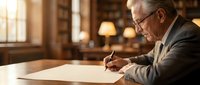 Senior man with gray hair and glasses, wearing a dark blazer, writing on white paper at wooden desk in warm-lit library or study room with bookshelves and lamp in background.