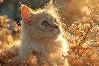 White fluffy cat in golden sunlight with bokeh effect and backlit fur, looking up against sunset sky with delicate dried flowers in soft focus background.