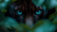 Close up view of black panther eyes glowing bright turquoise blue through dark green foliage, creating mysterious and dramatic wildlife scene in jungle environment.