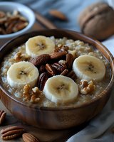Healthy breakfast bowl with oatmeal, fresh banana slices, pecans, almonds and walnuts in wooden bowl. Nutritious morning meal with natural ingredients.
