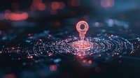 Glowing digital key icon on futuristic circuit background with red and blue bokeh lights, representing cybersecurity and data protection in technology landscape.