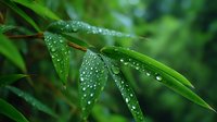 Fresh bamboo leaves covered with morning dew drops against blurred green background, natural macro photography showing water droplets on green foliage.
