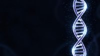 Glowing DNA double helix structure with luminous blue and white light effects against dark starry background for science and genetics concepts.