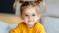 Adorable young Caucasian girl with blonde pigtails wearing round glasses and yellow sweater smiling at camera in bright modern interior for children content.