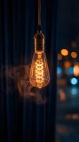 Vintage Edison bulb with warm glowing filament suspended from copper fixture against dark blue curtain backdrop with bokeh city lights, suitable for interior design and lighting concepts.