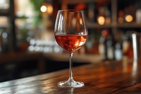 Red wine glass on wooden bar counter with blurred restaurant interior background. Suitable for beverage, hospitality, dining and lifestyle content.