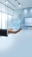 Businessman hand presenting holographic target with arrow showing strategic focus and precision concept in modern office environment.