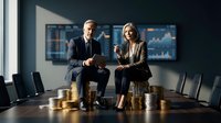 Professional business partners discussing financial strategy with golden coins stacked on conference table in modern corporate boardroom setting.