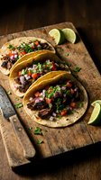 Three seasoned beef tacos with fresh cilantro, diced onions, and red peppers served on warm tortillas with lime wedges on rustic wooden board for food photography and restaurant menus.