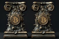 Ornate baroque-style bookends featuring cryptocurrency symbol in antique bronze finish against dark background, showcasing classical architectural elements and scrollwork.