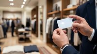 Businessman in formal suit holding blank white card in modern clothing retail store with blurred background, suitable for business, marketing, and retail concepts.