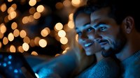 Young couple using digital tablet in dark room with warm bokeh lights creating cozy atmosphere, smiling while watching content together.
