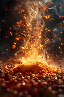 Dynamic macro photography of exploding spice powder creating a magical burst of orange and golden particles against dark background, perfect for food advertising and culinary concepts.