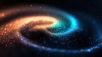 Cosmic spiral of glowing particles swirling through space in orange, blue and purple colors against dark background, creating mesmerizing galaxy effect.