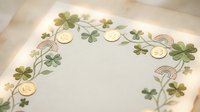St. Patrick's Day decorative border with four-leaf clovers, gold coins, and rainbows on white background for festive holiday designs and crafts.