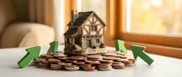 Miniature house model on stack of coins with green arrows showing real estate investment growth and property value appreciation concept.