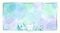 Smiling tooth character surrounded by dental care items and plants on soft watercolor background with pastel blue, green and purple tones for dental health promotion.