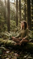 Young woman practicing mindfulness meditation in peaceful forest setting with sunlight filtering through trees for wellness and mental health concepts.