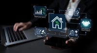 Smart home automation system with digital interface icons showing connected devices and IoT technology for modern living control and management.