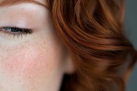 Close up portrait showing freckled fair skin, long eyelashes and auburn wavy hair detail against soft blurred background, creating intimate beauty composition.