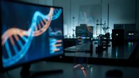 Modern laboratory with glowing DNA helix hologram projection, scientific research facility with advanced equipment for genetic analysis and biotechnology studies.
