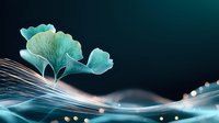 Ethereal ginkgo leaves in turquoise tones float above flowing silver waves with glowing bokeh lights against dark background, creating dreamy artistic composition.
