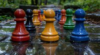 Colorful chess pawns standing in water reflection, wooden pieces painted in vibrant red, yellow, green and blue colors arranged on wet surface in garden setting.