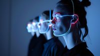Young woman with glowing neon blue light on face in dark room, profile view with multiple reflections creating futuristic cyberpunk atmosphere. Technology concept.