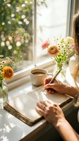 Woman writing in journal by sunny window with fresh flowers and morning coffee creating peaceful workspace atmosphere for mindfulness and creativity.