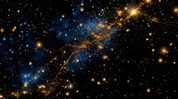 Cosmic space background with glowing golden stars and blue nebula clouds scattered across dark universe. Mystical starry night sky for astronomy designs.