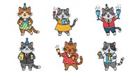 Cartoon cats wearing party hats and festive outfits celebrating with confetti and balloons. Isolated clipart characters suitable for birthday invitations, greeting cards, and children's designs.
