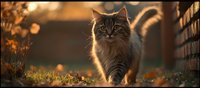 Majestic long-haired tabby cat walking in autumn garden during golden hour sunset, backlit with glowing fur and bokeh effect in background, dramatic nature scene.