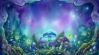 Enchanted forest scene with glowing mushrooms, bioluminescent plants, and starry night sky with aurora lights, surrounded by ornate decorative frame border.