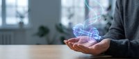 Hands holding glowing digital DNA helix with holographic light effects, representing biotechnology, genetic research, and scientific innovation in modern laboratory environment.