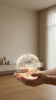 Hands holding glowing digital sphere with value proposition text in modern interior space with natural light and minimalist decor for business concepts.