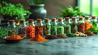 Aromatic spices and herbs in glass jars on dark table, colorful seasoning powder piles, fresh herbs in background, natural food ingredients for cooking.