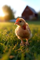 Young orange chick standing in green grass at sunset with red barn in background, warm golden light creates nostalgic farm atmosphere.