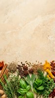 Culinary spices and fresh herbs arranged on marble surface for cooking, food styling, recipe development, and gastronomy design projects.