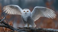 Snowy owl with spread wings perched on wooden branch in winter forest habitat. Majestic white bird of prey displaying natural hunting behavior and flight posture.