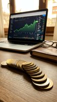 Laptop displaying financial trading charts with green upward trending graph, gold coins arranged on wooden desk, eyeglasses and notebook nearby, suitable for finance, investment and business concepts.