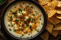 Creamy white queso dip garnished with fresh herbs and red pepper flakes served in rustic ceramic bowl alongside crispy tortilla chips for appetizer or party snack.