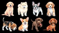 Cute dog breeds sitting and standing in various poses, isolated on transparent background. Ready for t-shirt design, clipart, stickers, print-on-demand products, and sublimation projects.