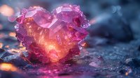Glowing pink crystal heart formation with natural light illuminating from within, set against dark background with bokeh effects and water droplets.