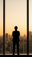 Businessman silhouette standing at office window overlooking city skyline at sunset, corporate success and urban leadership concept for business presentations.