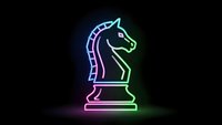 Neon chess knight piece glowing with vibrant purple and green lights against dark background for gaming and strategy concepts.