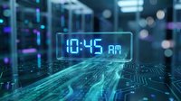 Digital clock display showing 10:45 AM floating above futuristic circuit board with glowing blue lights and bokeh background for technology concepts.