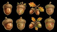 Acorn and oak leaf autumn design elements isolated on transparent background. Ready for t-shirt designs, clipart, stickers, sublimation, print-on-demand products and digital crafts.
