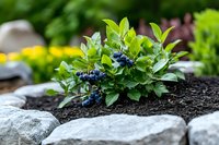 Young blueberry bush with fresh green leaves growing in rich dark soil surrounded by decorative stones in organic garden setting for landscaping projects.