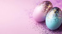 Festive Easter eggs decorated with gold glitter on pink background with scattered sparkles. Minimal holiday composition with copy space for text.